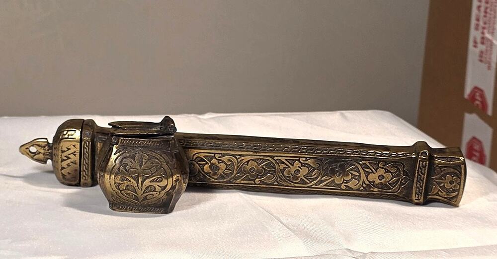 Vintage Ornate Brass Ink Well & Quill Holder Desk Set 9" Antique Style